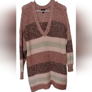 Torrid Plus Size 2 V-Neck Sweater 2x Women's Pink Grey White Stripes Chunky Knit